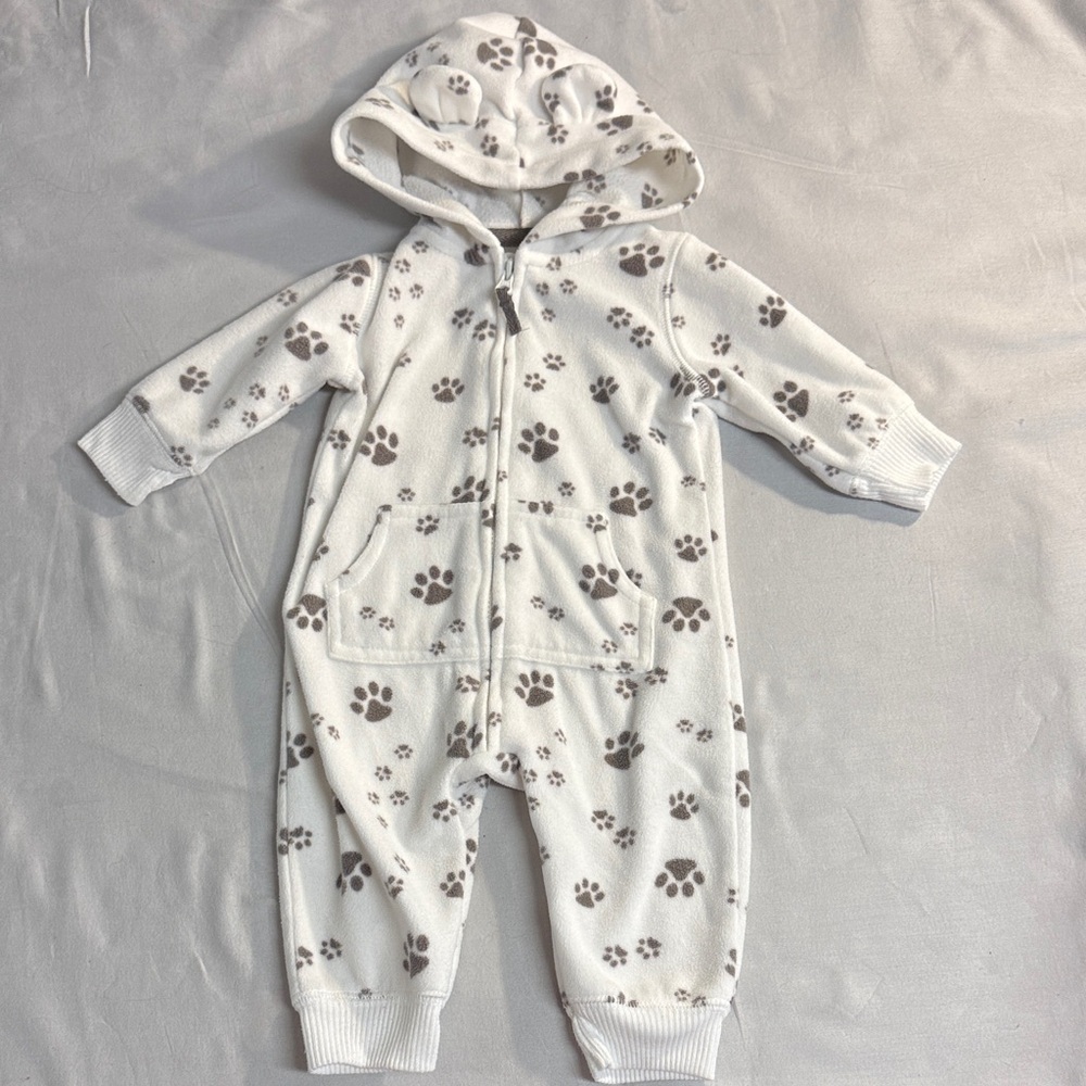 Carter's fleece Paw Print hoodie Footie Romper/one piece